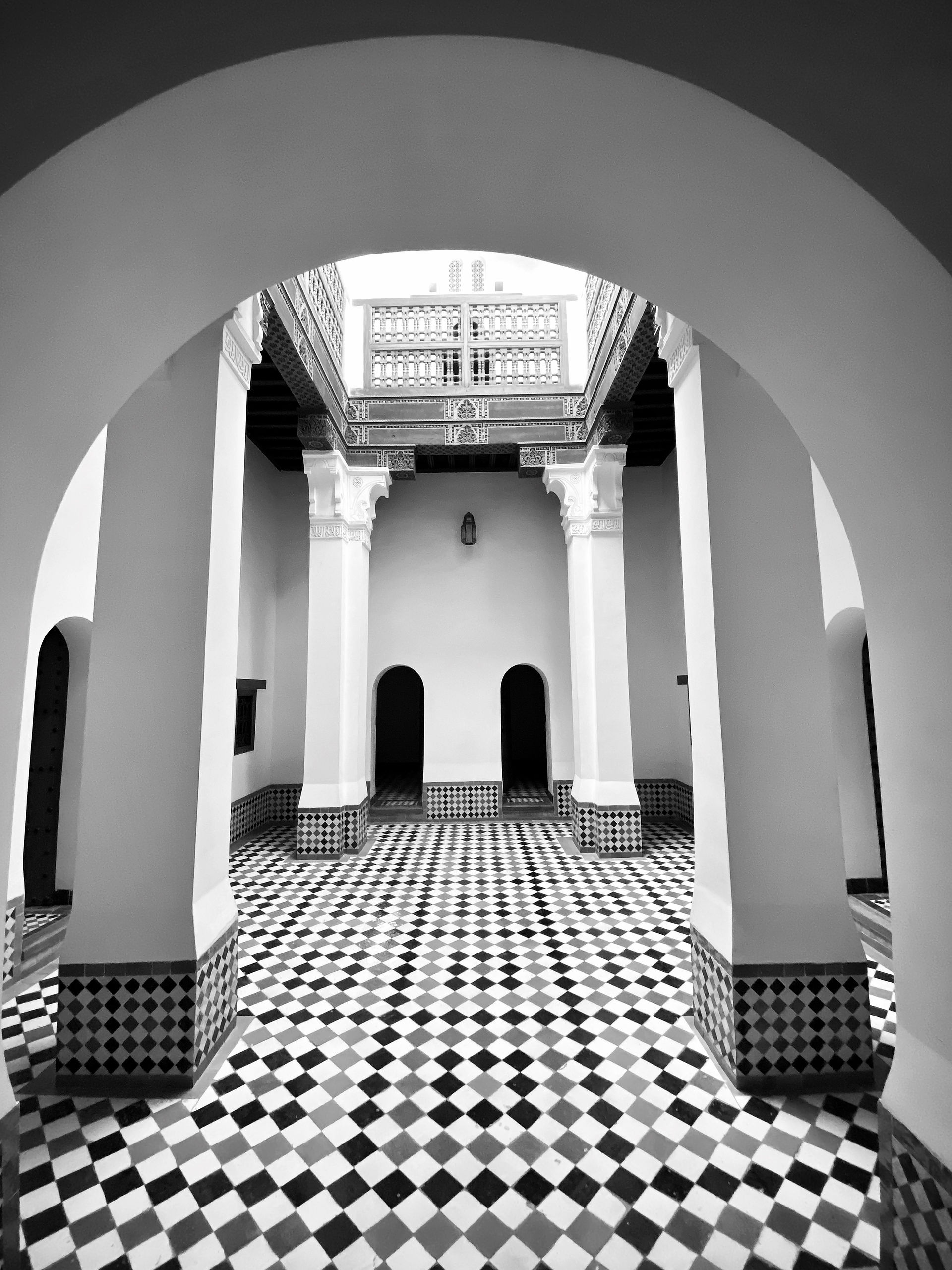 Ben Youssef Madrasa Arch, Marrakesh, Morocco | Black and white travel photography | Limited edition wall art prints | Travel blog | © kpm photo art