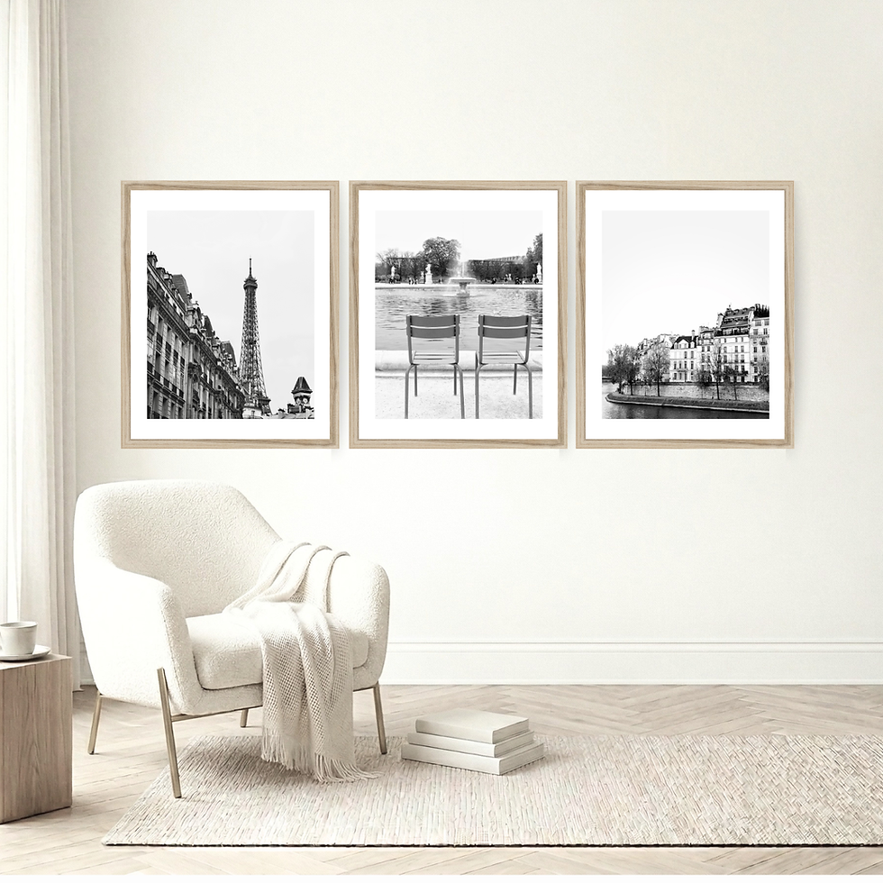 Set of three black and white photo prints of iconic Paris, France sites to include Eiffel Tower, Louvre & Seine River