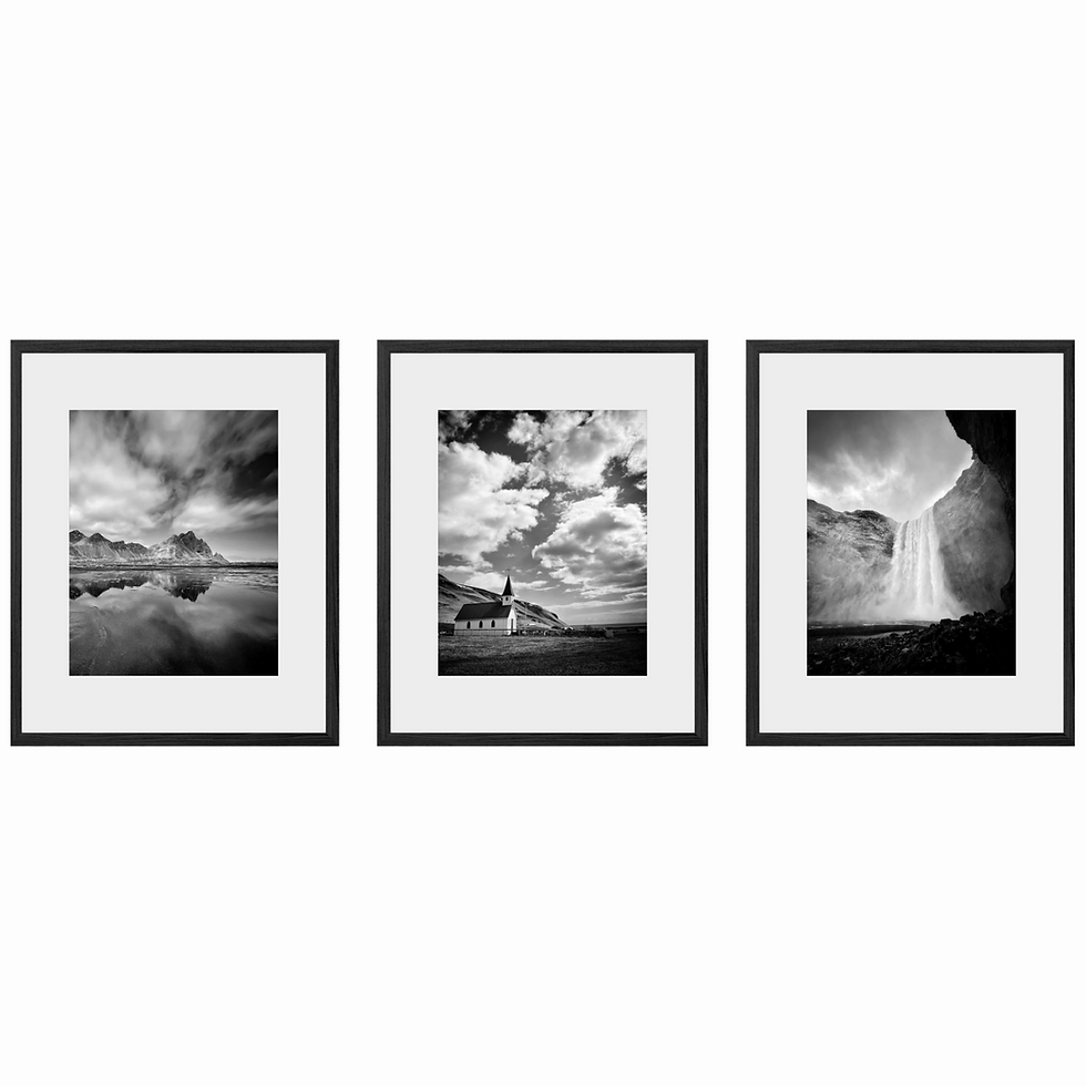 Thumbnail: Set of 3 black and white photo prints of Iceland landscape waterfall Vestrahorn mountain reflection