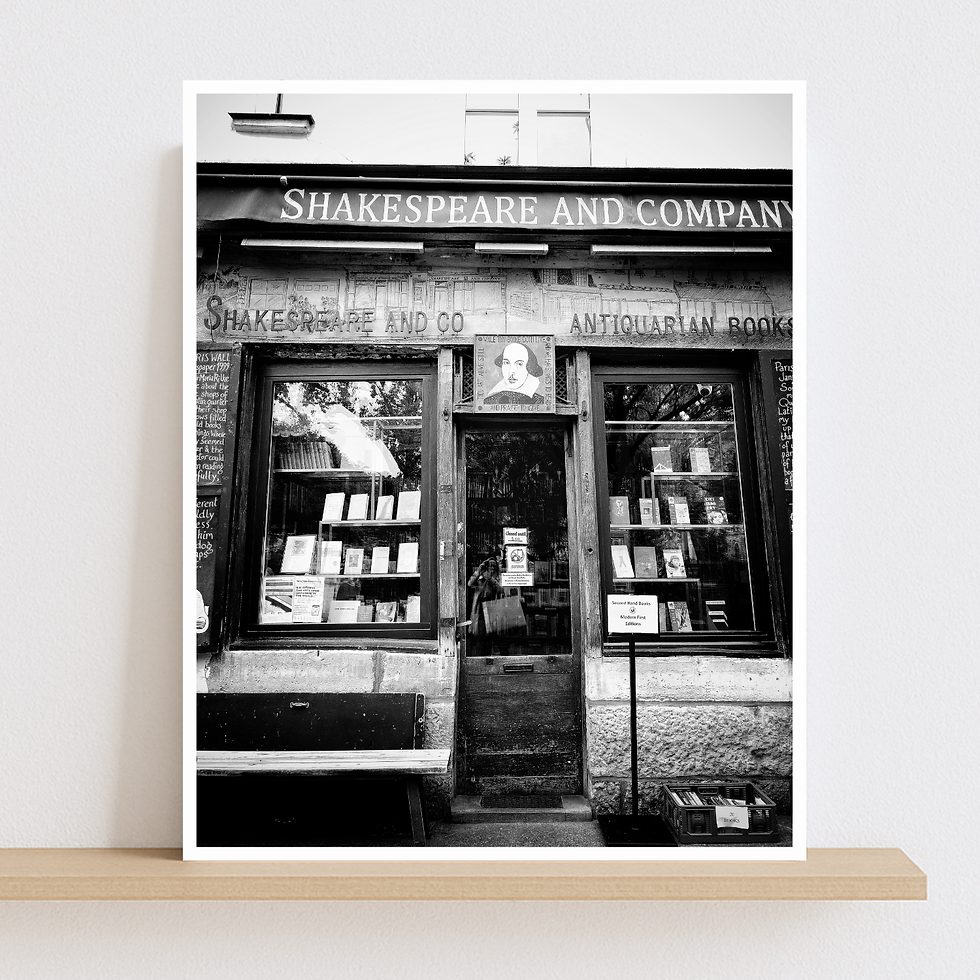 Black and white photo print of the outside of Shakespeare and Company in Paris, France