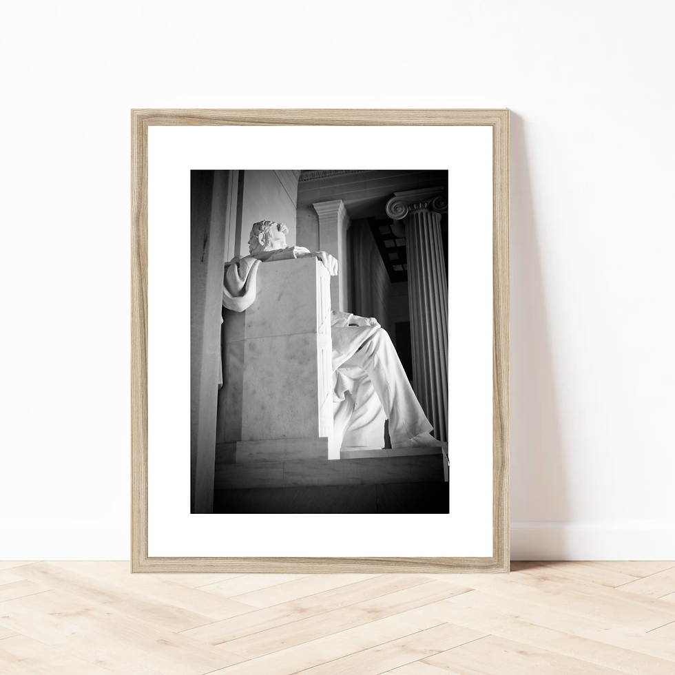 Black and white photo print of up close Lincoln Memorial profile in Washington, DC