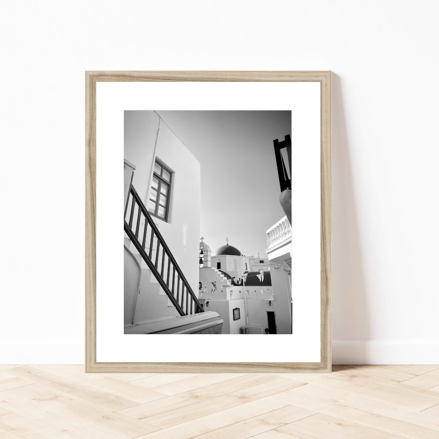 Black and white photo print of traditional Greek architecture in Old Town Mykonos, Greece
