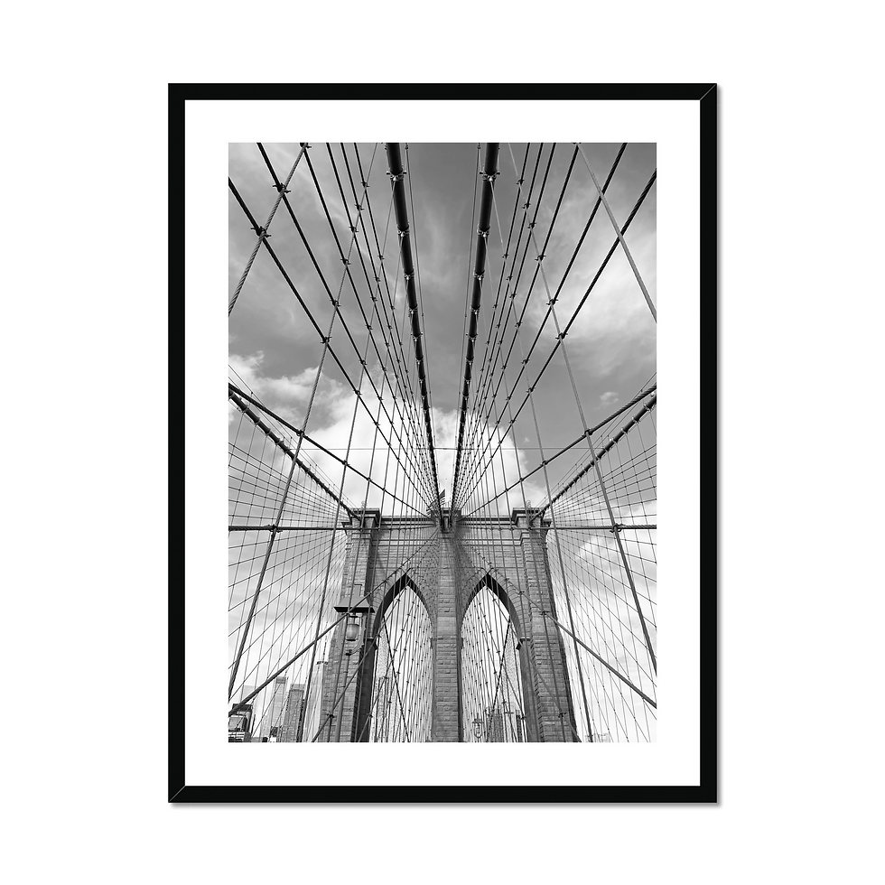 Black and white photo print of iconic Brooklyn Bridge with clouds sky, New York City