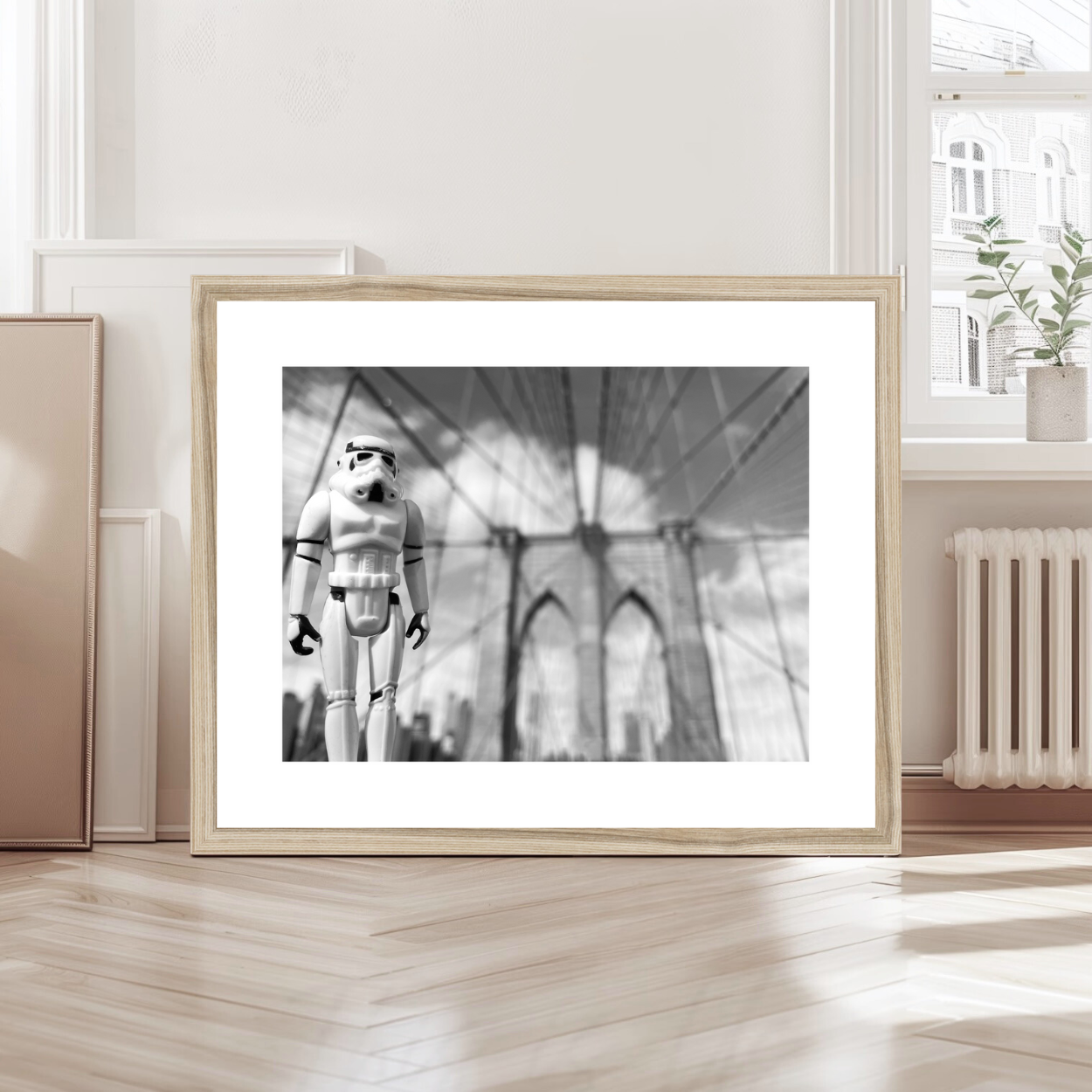 Black and white photo print of Star Wars Stormtrooper at Brooklyn Bridge with clouds in, New York