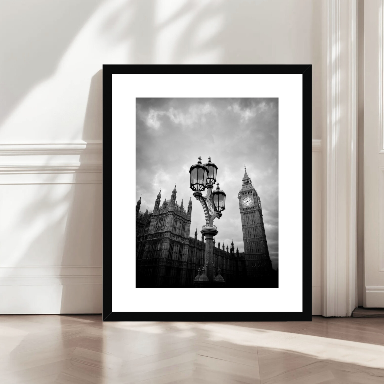 Black and white artisitic photo print of lamppost near Big Ben and Houses of Parliament in London, England UK