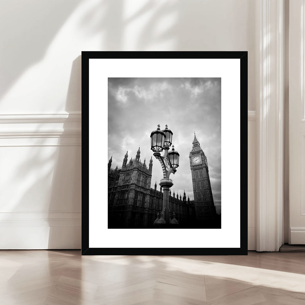 Black and white artisitic photo print of lamppost near Big Ben and Houses of Parliament in London, England UK