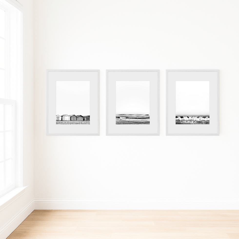 Thumbnail: Set of three minimalist black and white coastal photo prints with beach houses and waves