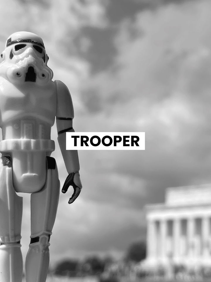 Black and White photography original fine art prints from kpm photo art of a original stormtrooper figure taken all over the world.