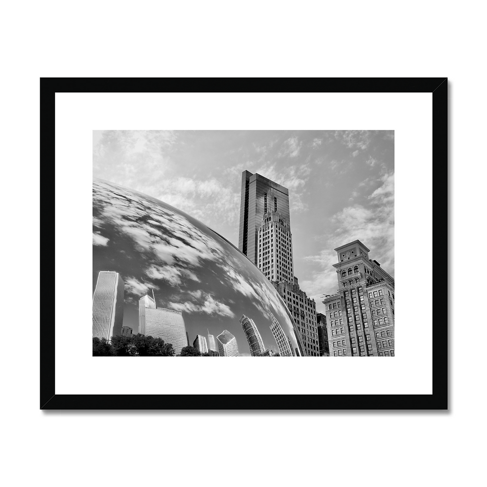 Thumbnail: Black and white wide-angle photo of Cloud Gate "The Bean" reflecting the Chicago skyline.