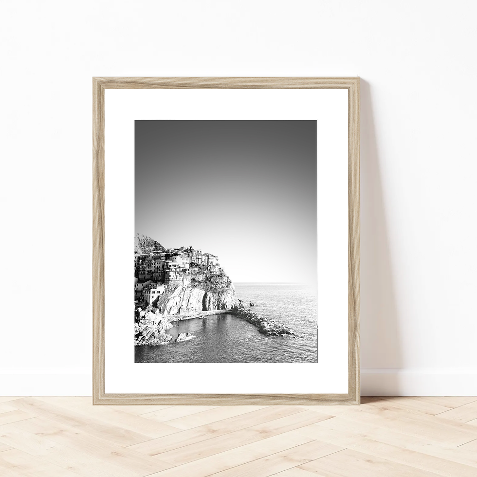 Thumbnail: Black and white photo print Manarola Cinque Terre, Italy with water, cliffs, Italian houses