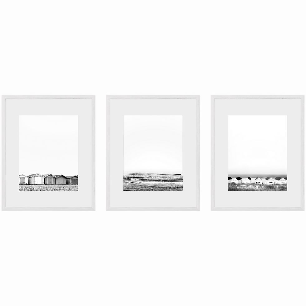 Thumbnail: Set of three minimalist black and white coastal photo prints with beach houses and waves