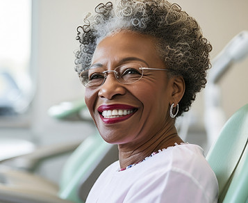 Woman smiling after getting dentures in a dentist chair.