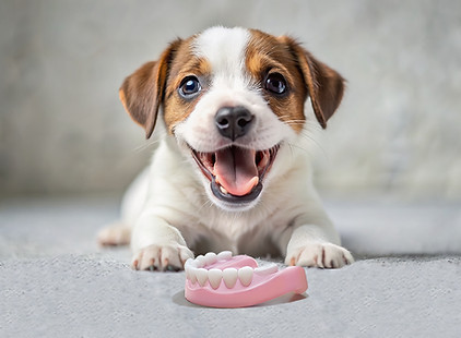 Dog laying down in front of dentures on the floor.