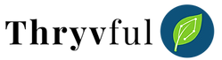Thryvful Logo with Thryvful in text followed by the constellation leaf in a dark blue circle.