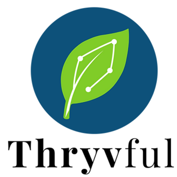 Thryvful logo stacked version with the constellation leaf in a dark blue circle and thryvful in text underneath,