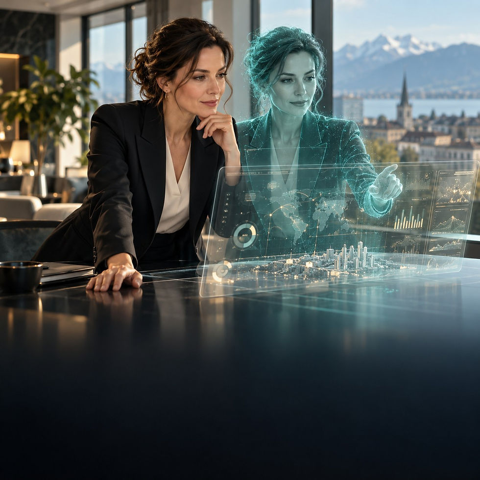 Business-Führungskraft mit digitalem KI-Zwilling – Keynote Parallel Intelligence.