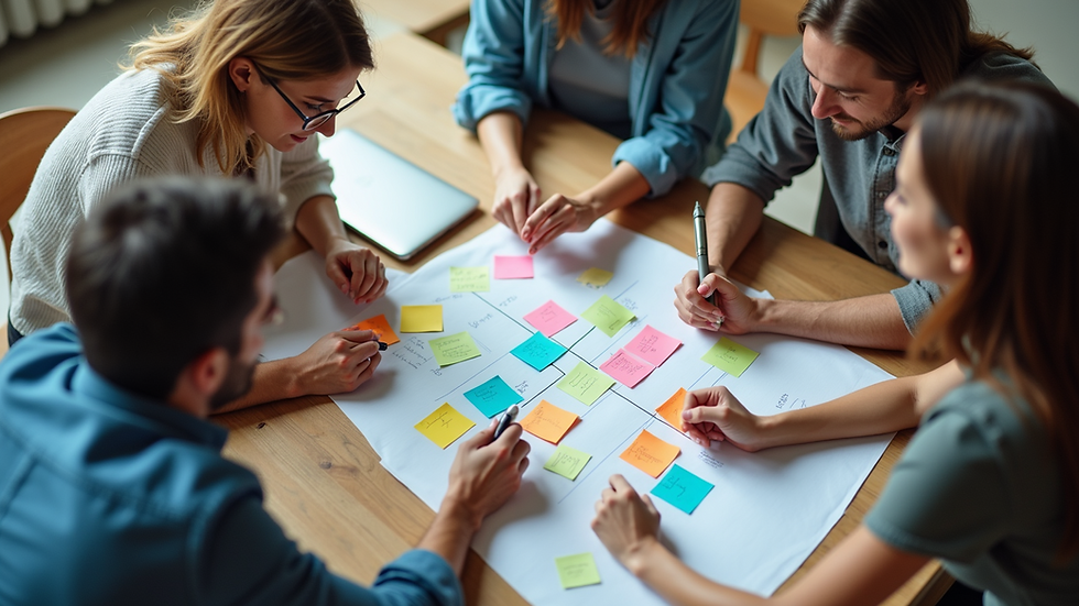 High angle view of a creative team brainstorming with colourful sticky notes