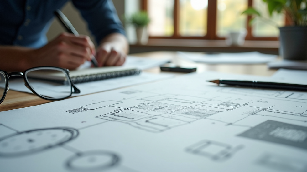 Eye-level view of a modern office workspace with brand design sketches