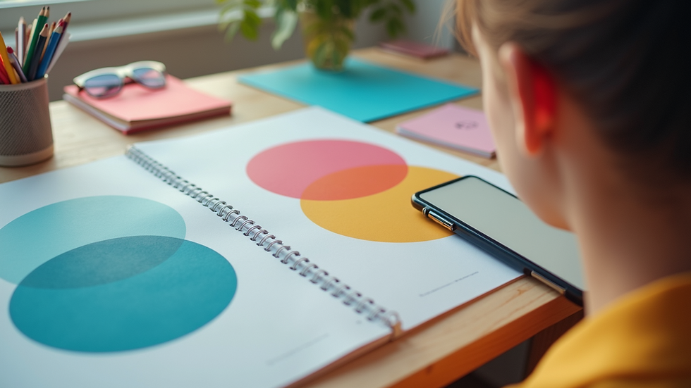 Eye-level view of vibrant branding materials on a desk