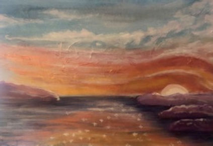abstract landscape of sky and water with land on either side in pastel colors