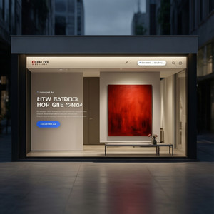 Art gallery storefront displaying a large abstract red painting