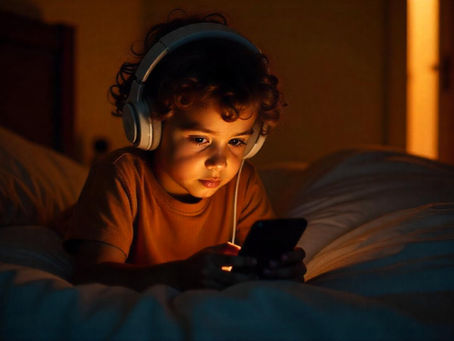 Criança de 10 anos, usando fone de ouvido, com o olhar fixo na tela de um celular, sentada na cama de um quarto escruro, iluminado apenas pelo feixe de luz da porta que está entre aberta