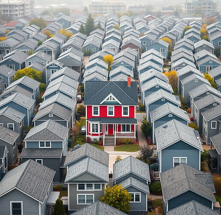  a neighborhood.with nothing but many many gray houses all looking identical.  except one 
