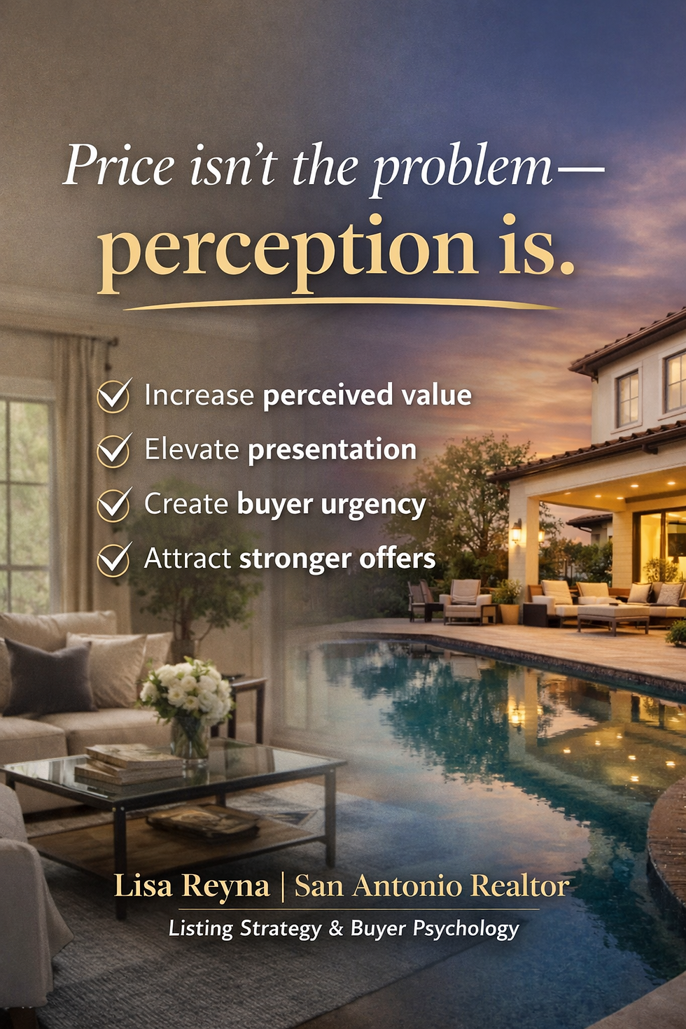 Graphic reading “Price isn’t the problem—perception is,” explaining that instead of immediately choosing to drop price, sellers can increase perceived value through presentation, lighting, and buyer psychology.