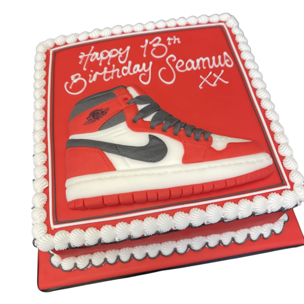 Bespoke Nike High Top Trainer square cake with detailed laces and logo, crafted in Solihull, West Midlands celebration.