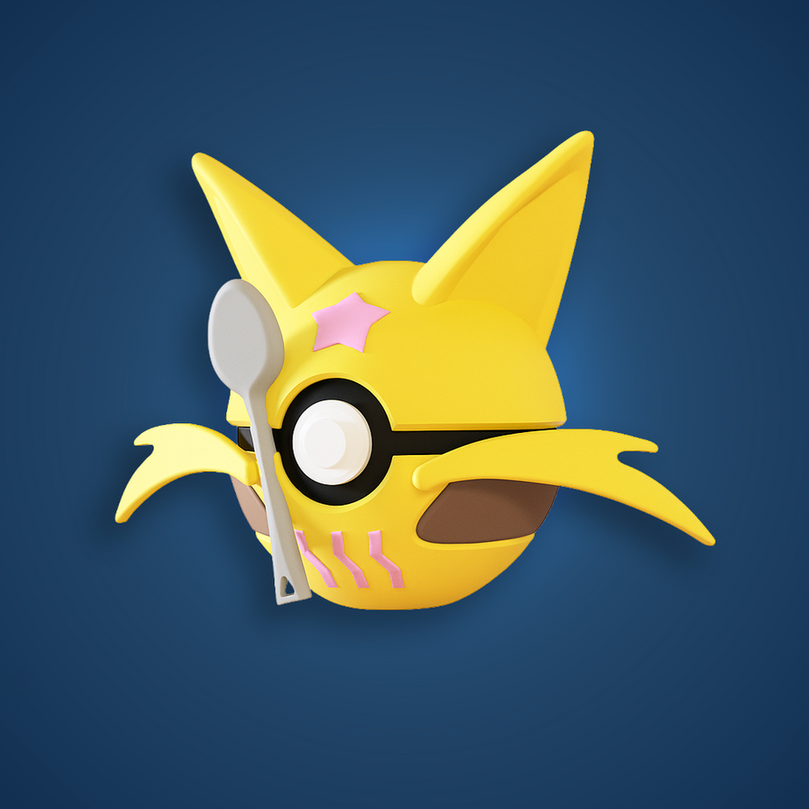 3D printed Kadabra Poké Ball with yellow body, pointed ears, mustache, pink star, and a spoon on a blue background.