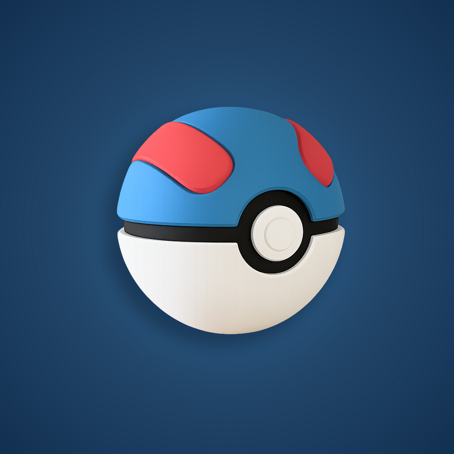 Classic-style Poké Ball inspired by the Great Ball design, featuring blue shell with red detailing and a white bottom.