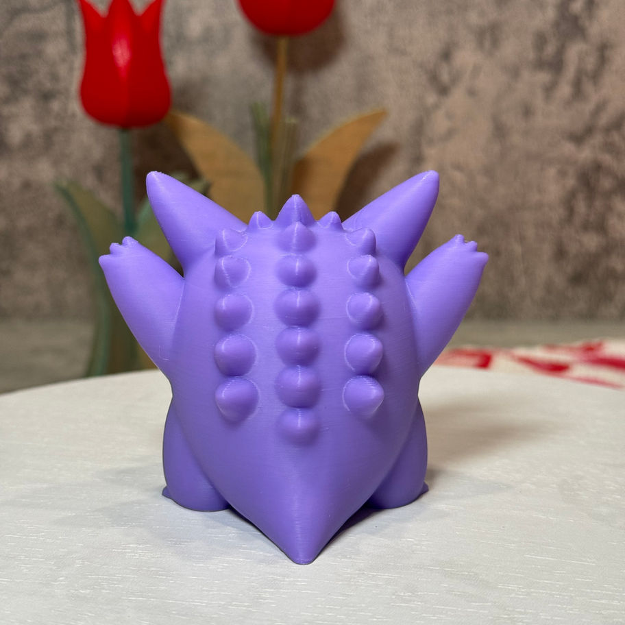 Purple Gengar with a giant grin and bold red heart eyes, arms raised in excitement and full Valentine’s Day spirit.