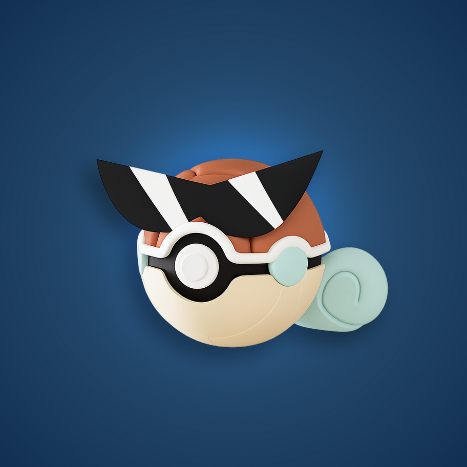 3D printed Squirtle Squad-themed Poké Ball with shell pattern, curled tail, and angular sunglasses on a blue background.