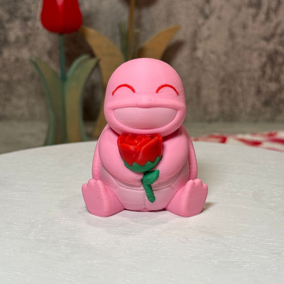 Got it! Here's the corrected alt text:  **Smiling pink Squirtle holding a red rose—adorably chill and full of Valentine vibes