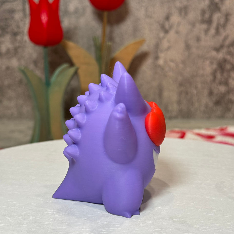 Purple Gengar with a giant grin and bold red heart eyes, arms raised in excitement and full Valentine’s Day spirit.