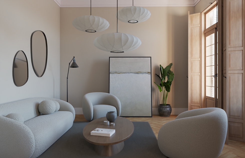 Infografía 3D de salón contemporáneo con decoración minimalista realizada por Raquel Ferreras Design
