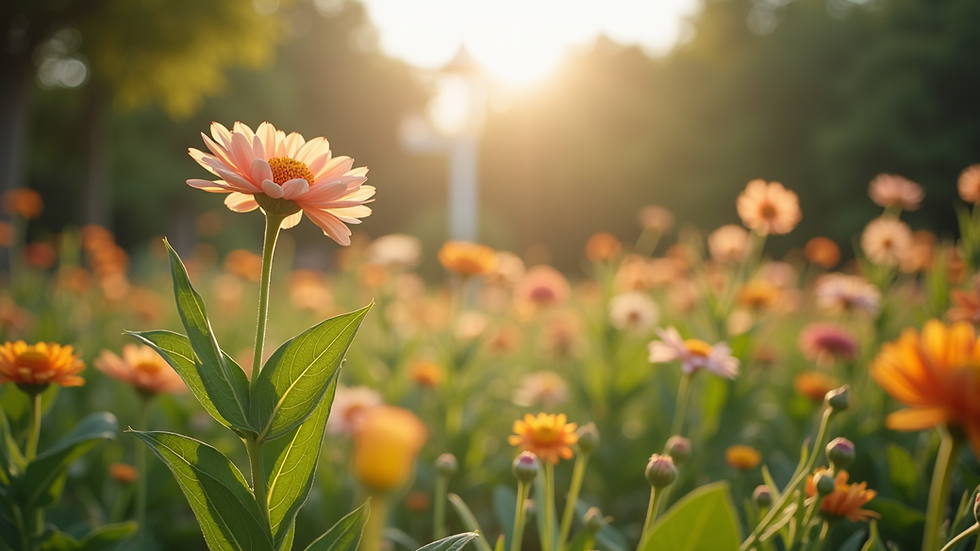 Eye-level view of a serene garden with blooming flowers