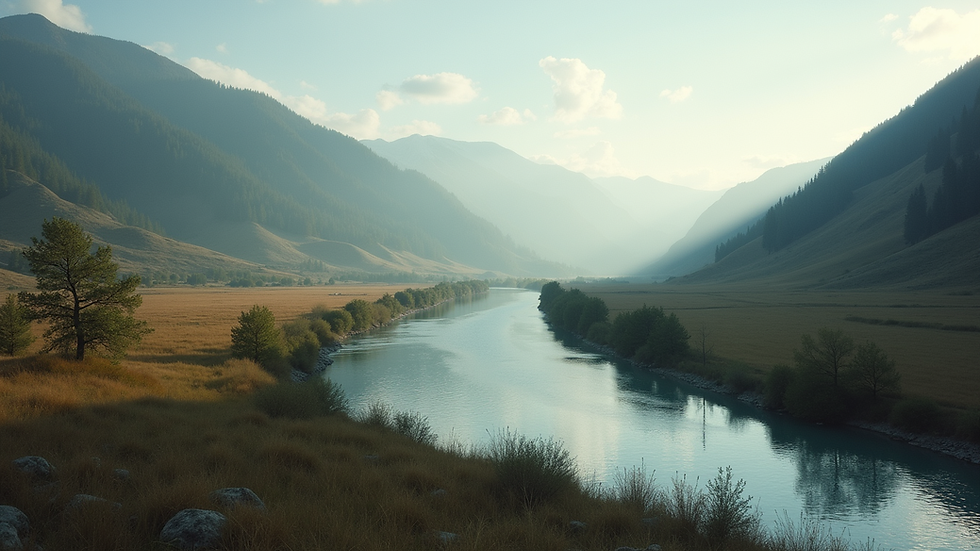 Wide angle view of a serene landscape with a winding river