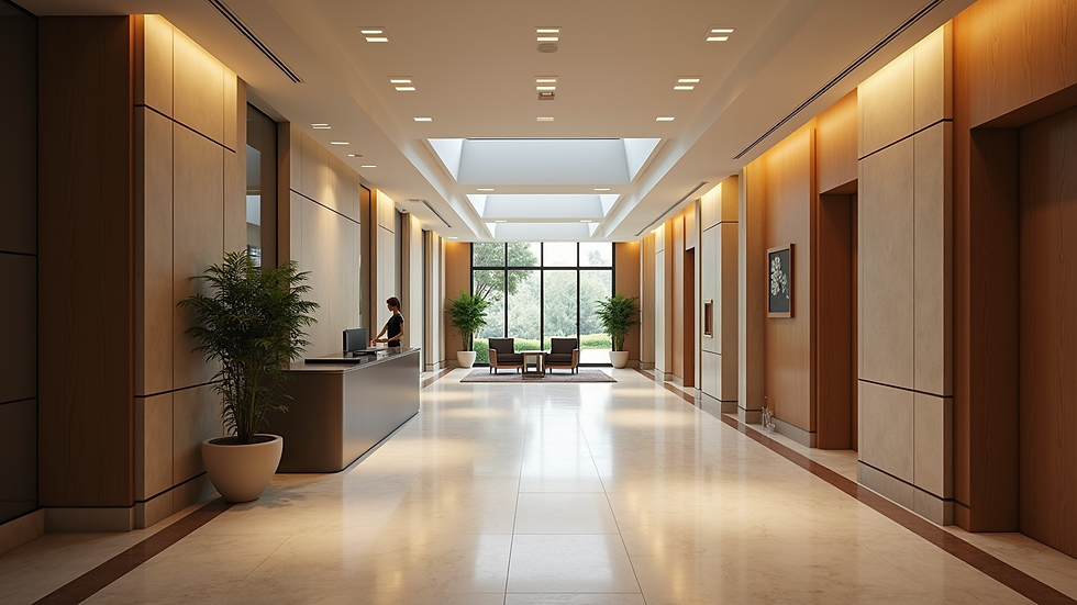 Wide angle view of a modern hotel lobby