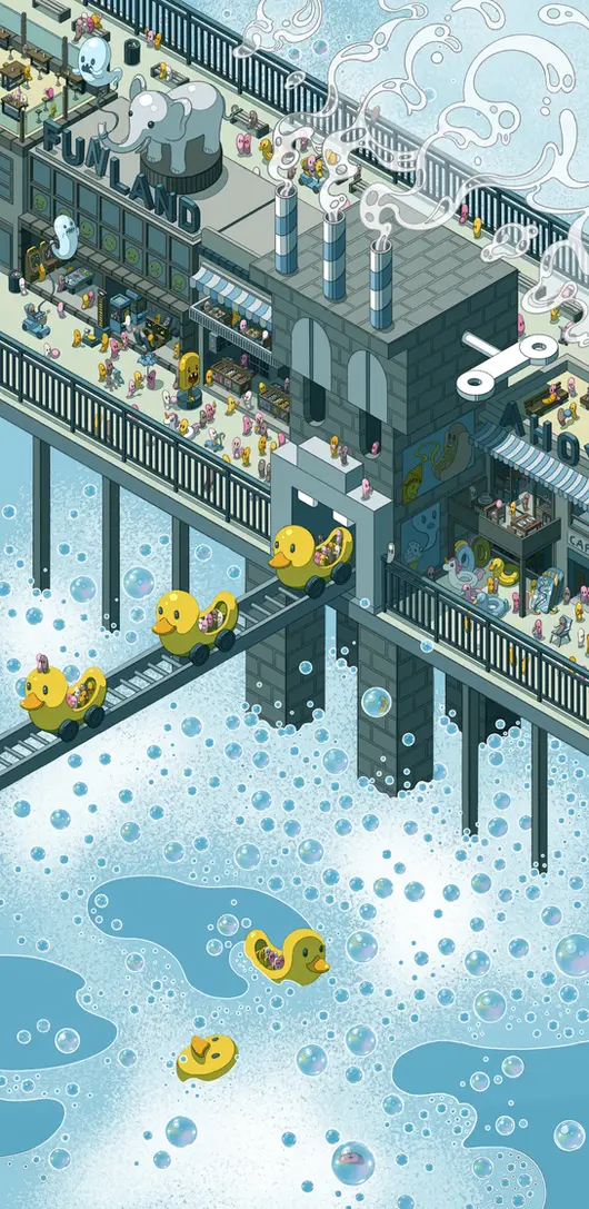 Set within a bustling seaside world populated by rubber ducks, inflatable toys and recurring jellybean characters, Rub-a-Dub-Dub combines the language of leisure with hints of industry and manufacture. Beneath its playful surface, attractions, rides and winding mechanisms suggest cycles of reward, repetition and escape.