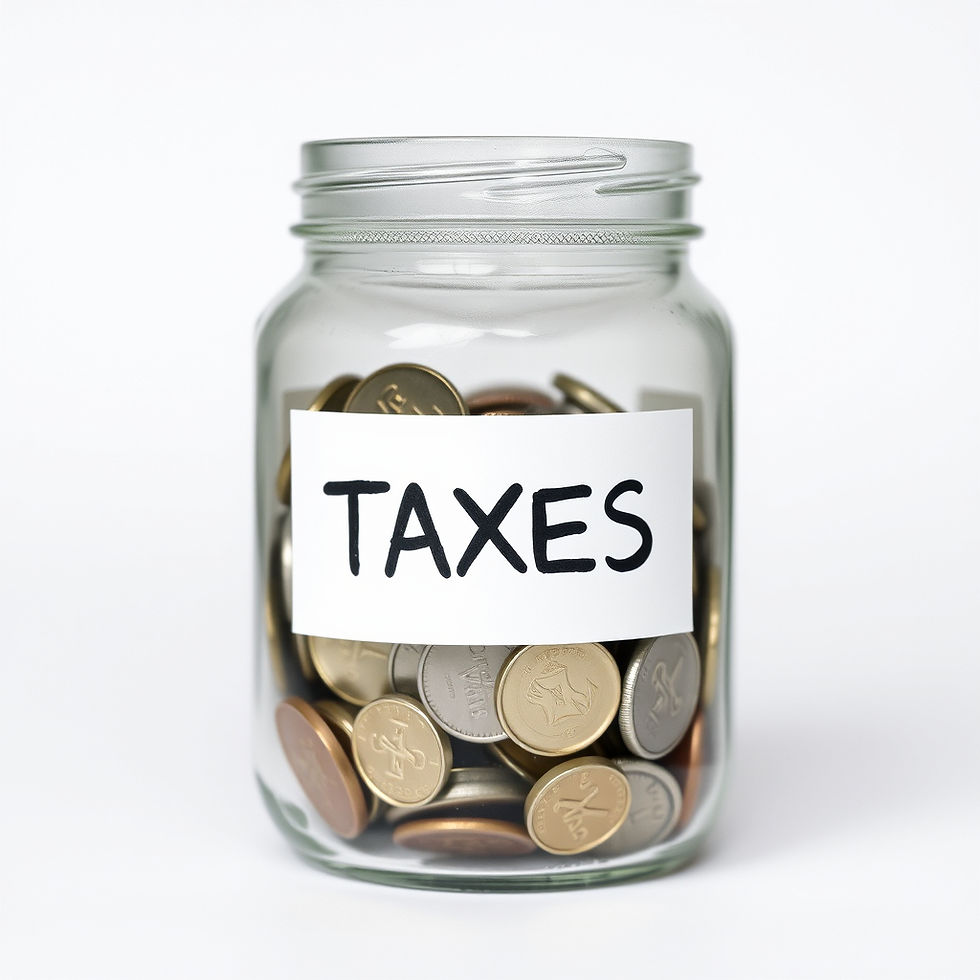 A glass jar labeled 'taxes' filled with coins