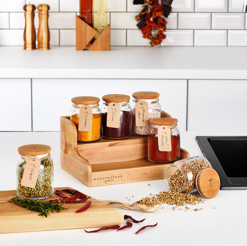 Thumbnail: Woodpeckers London Beech Wooden Kitchen Gift Set Seasoning 6x300ml Glass Jars