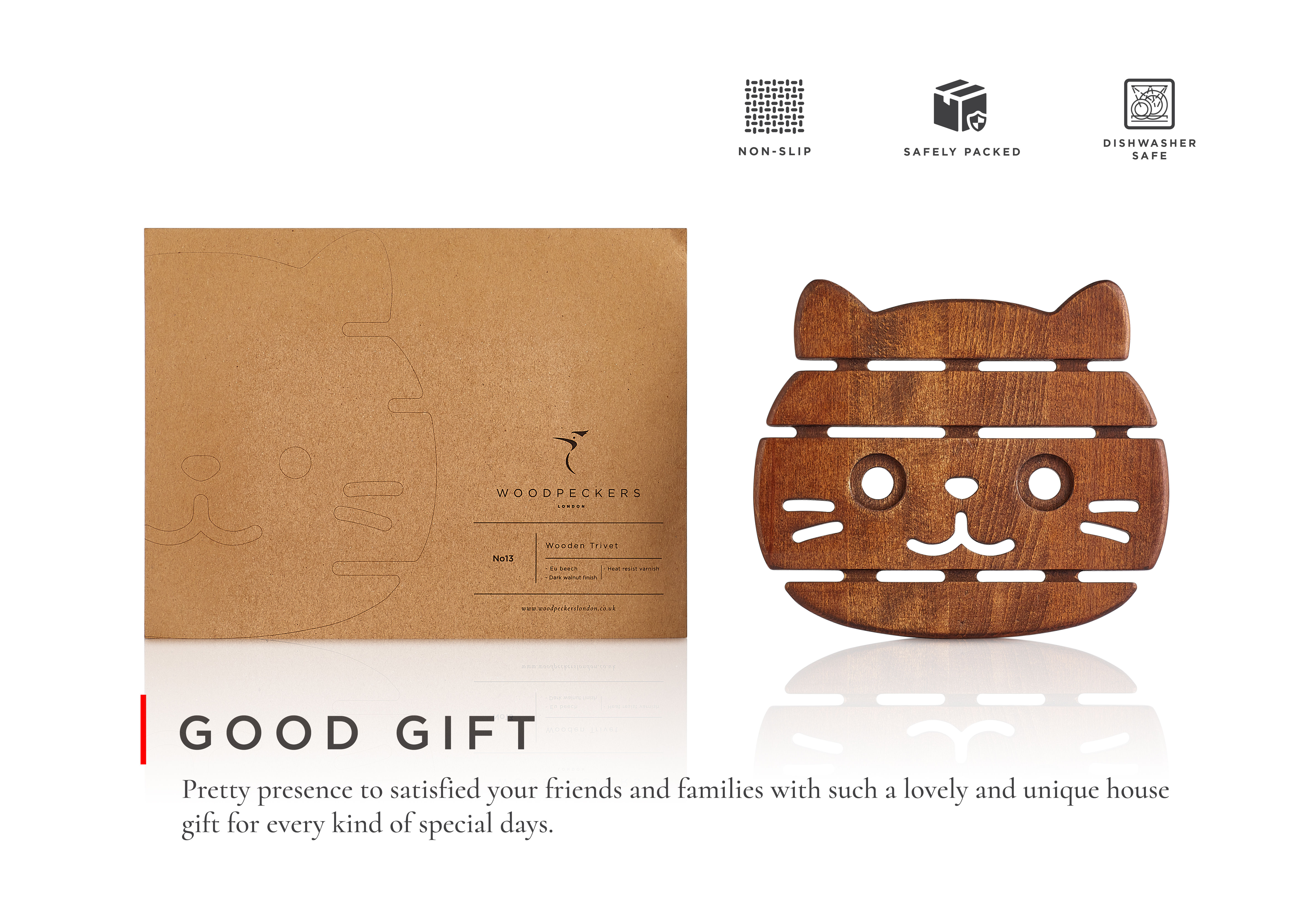 Woodpeckers London Beech Wooden Animal Design Trivet for Hot Pans/Dishes/Dining