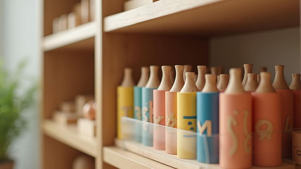 Close-up view of Montessori math materials arranged neatly on a shelf