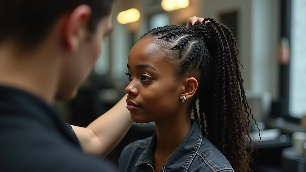 Eye-level view of a stylist performing loc retwist in a salon