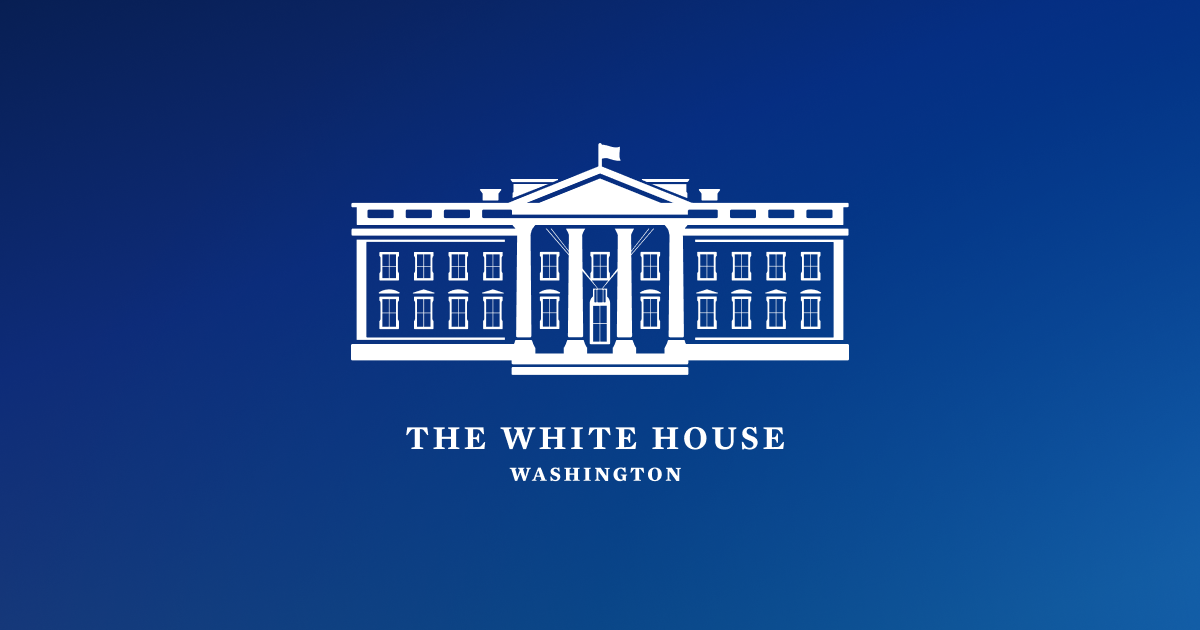 The White House logo, a white house with a black roof on a blue background.