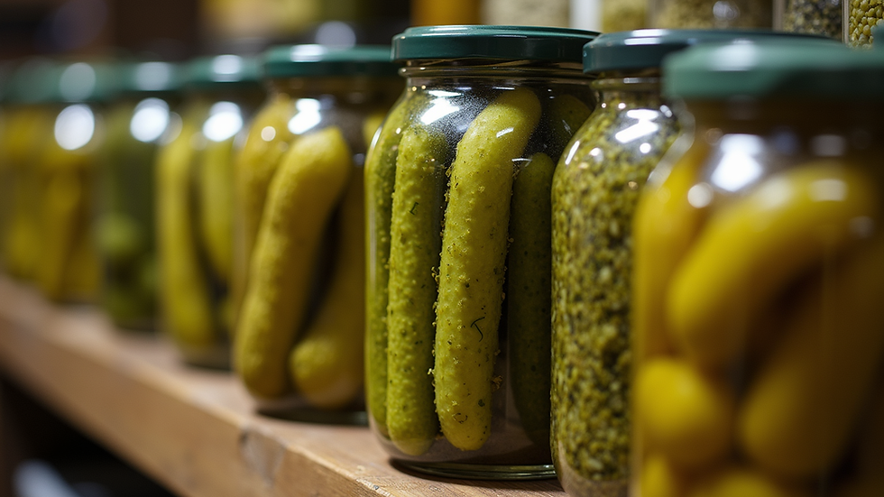 Close-up view of assorted pickles in jars at Philadelphia Pickle Company