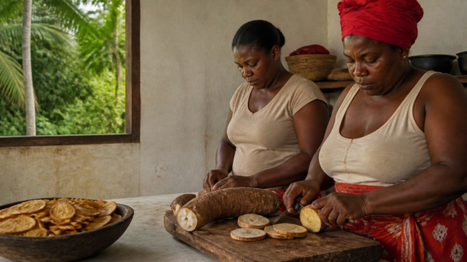 Manos de mujeres cortando papachina para preparar chips en una cocina rural de Buenaventura