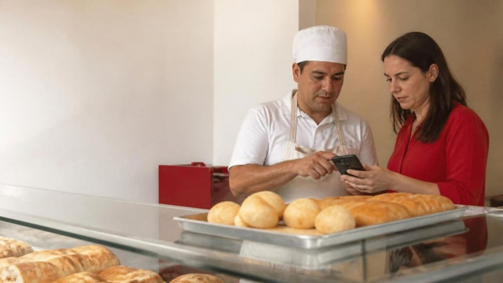 Dueño de una panadería de Ibagué recibe asesoría digital con su celular en el mostrador.