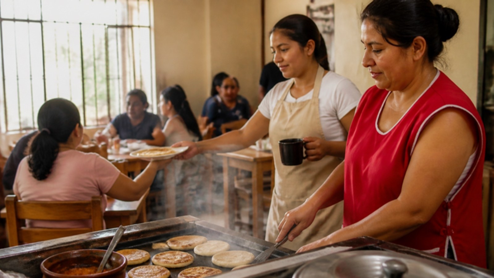 Dueña y joven empleada atienden un comedor familiar de San Salvador en una mañana de mucho movimiento.